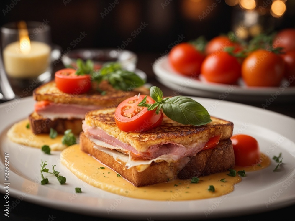 Ham cheese toast in fine dining restaurant, cinematic food photography, studio lighting and background Ham cheese toast in fine dining restaurant, cinematic food photography, studio lighting and background