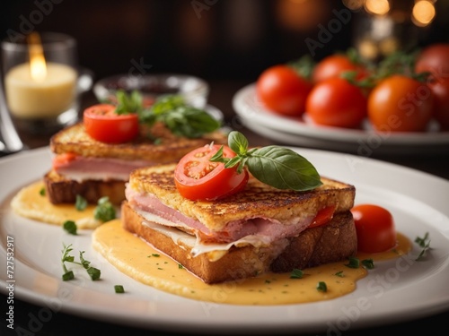 Wallpaper Mural Ham cheese toast in fine dining restaurant, cinematic food photography, studio lighting and background Torontodigital.ca