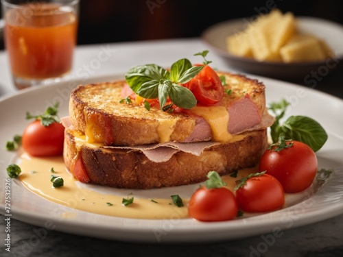 Wallpaper Mural Ham cheese toast in fine dining restaurant, cinematic food photography, studio lighting and background Torontodigital.ca