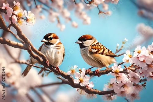 Vclose up cute sparrow bird in warm spring time on cherry blossom tree branch, idea for romantic lovely animal background, Generative Ai 