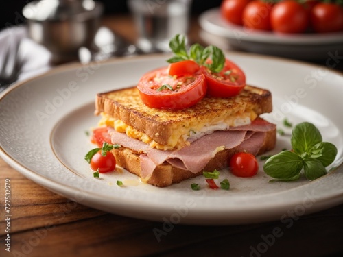 Ham cheese toast in fine dining restaurant, cinematic food photography, studio lighting and background