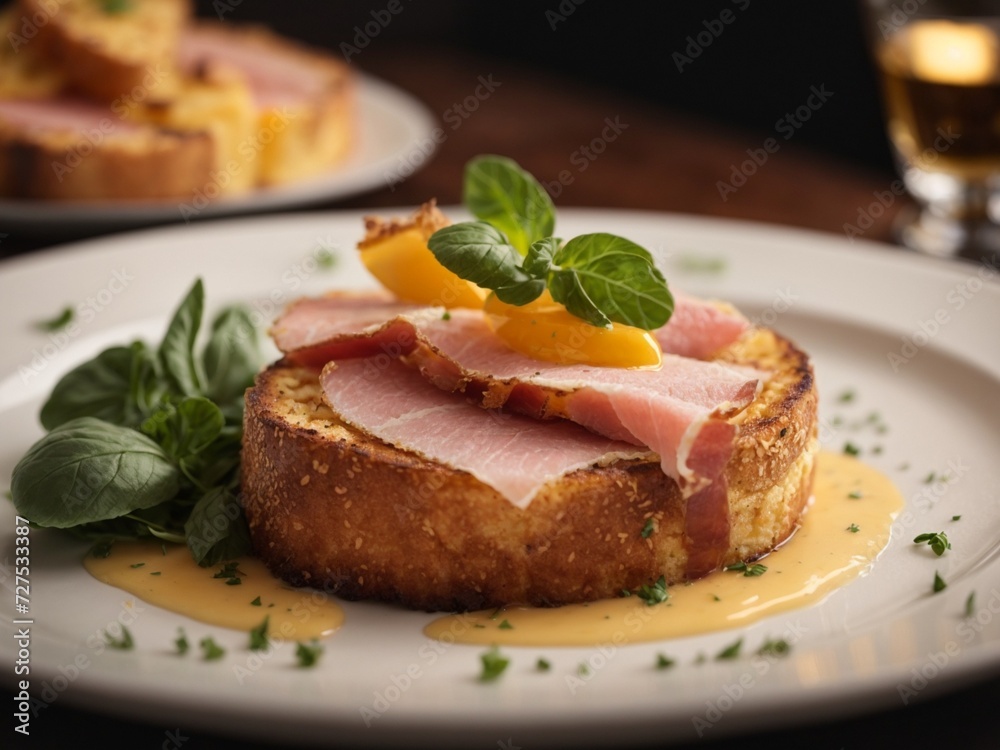 Ham cheese toast in fine dining restaurant, cinematic food photography, studio lighting and background