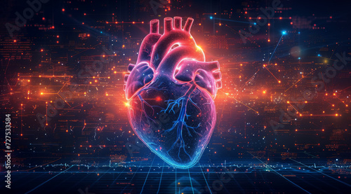 Human heart illustration with cybernetic enhancements glowing red in a digital grid, AI generated