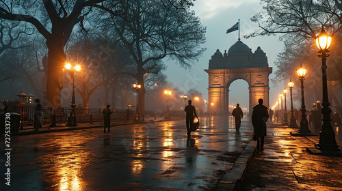 Delhi traffic police are on duty near the India Gate traffic light.