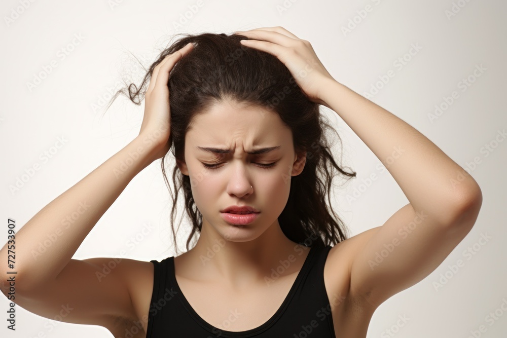 Naklejka premium Woman with hand on head, headache