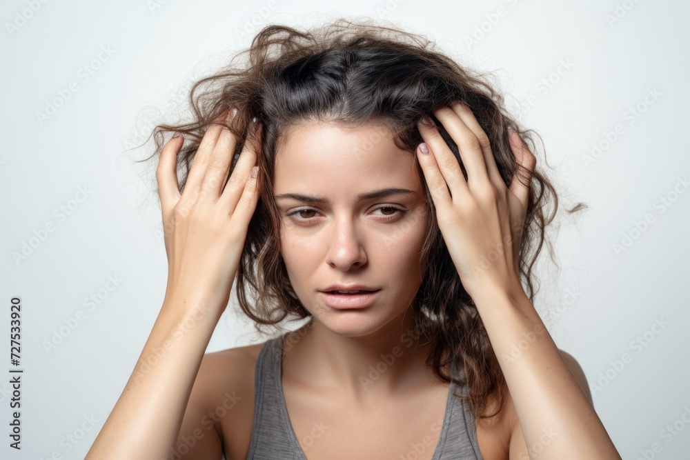 Woman with hand on head, headache Woman with hand on head, headache