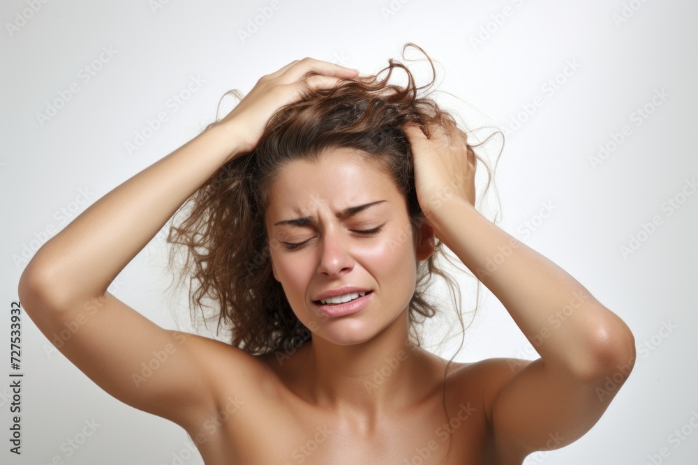 Fototapeta premium Woman with hand on head, headache