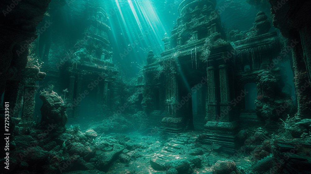 An underwater realm where the sea creatures glow with bioluminescence, illuminating ancient ruins. 