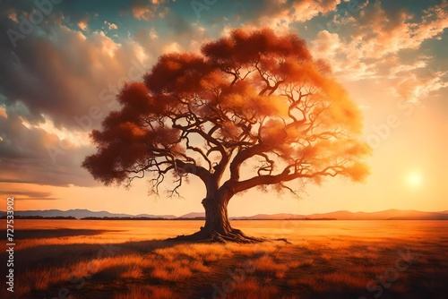 vintage oil painting sunset lonely tree nature landscape © Malik