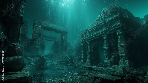 An underwater realm where the sea creatures glow with bioluminescence, illuminating ancient ruins. 