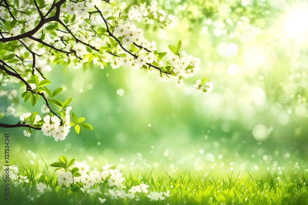 Blossoming tree, bokeh, nature background. Green leaves border. Spring background. Illustration