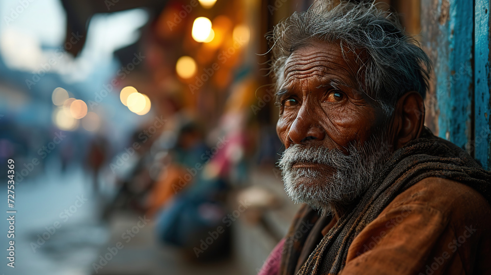 An old homeless Indian man sits alone on the street, worried and sad. An old homeless Indian man sits alone on the street, worried and sad.