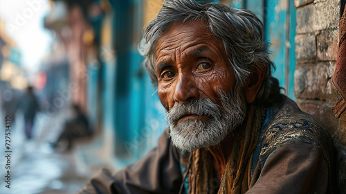 An old homeless Indian man sits alone on the street, worried and sad.