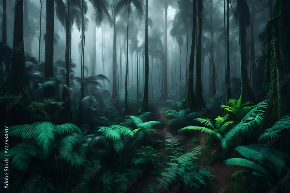 Exotic foggy forest. Jungle panorama, forest oasis. Foggy dark forest. Natural forest landscape. 3D illustration - obrazy, fototapety, plakaty 
