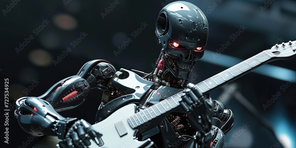 Fototapeta premium Robot playing electric guitar for AI music concept
