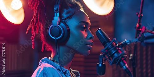 Black woman singer/rapper in the recording studio on the microphone photo