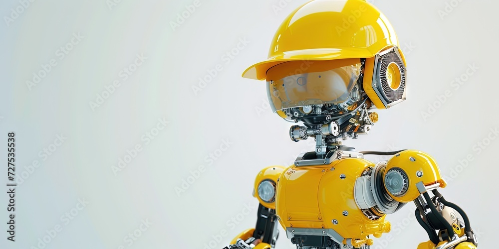 Robot wearing construction worker hard hat yellow helmet for AI artificial intelligence industry concept Robot wearing construction worker hard hat yellow helmet for AI artificial intelligence industry concept