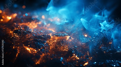 Shimmering embers and sparks, intense warmth against cool blue