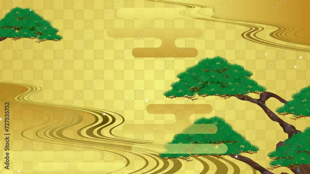 日本風の背景。松とエ霞と金色の背景イラスト動画