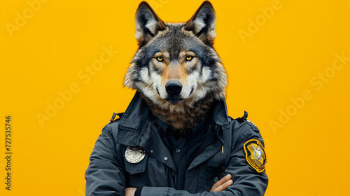 Cop Wolf Wearing Black Boots and Blue Shirt on Yellow Background photo