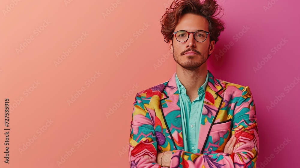 Confident man wearing colorful suit on colorful background lifestyle fashion and style concept with copy space
