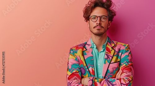Confident man wearing colorful suit on colorful background lifestyle fashion and style concept with copy space