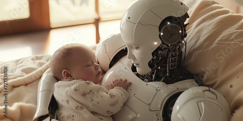Robot nanny caring for human infant photo