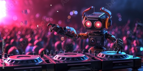 Robot DJ playing turntables to rock the party with music