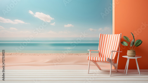 Minimalist beach scene with a pastel-striped chair and vibrant orange accents © deafebrisa