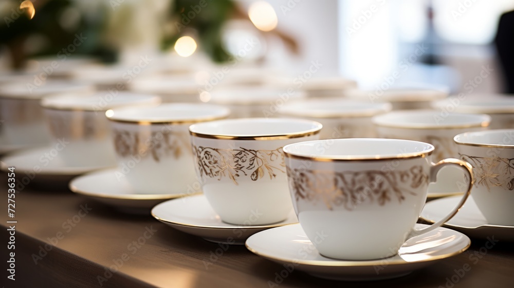 Elegant tea setting with white porcelain cups lined up Elegant tea setting with white porcelain cups lined up