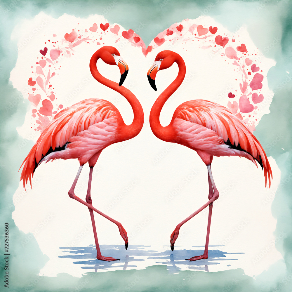 Naklejka premium Watercolor illustration a pair of flamingos in water against a heart-shaped backdrop.