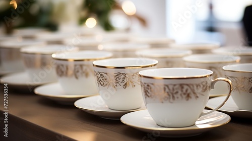 Elegant tea setting with white porcelain cups lined up