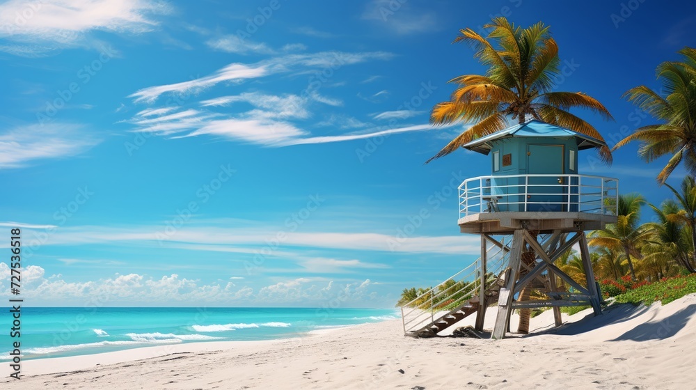 Tropical beach paradise with palm trees and a lifeguard tower