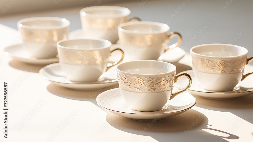 Elegant tea setting with white porcelain cups lined up Elegant tea setting with white porcelain cups lined up