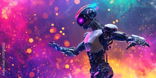 Robot dancing on colorful background for artificial intelligence creative concept