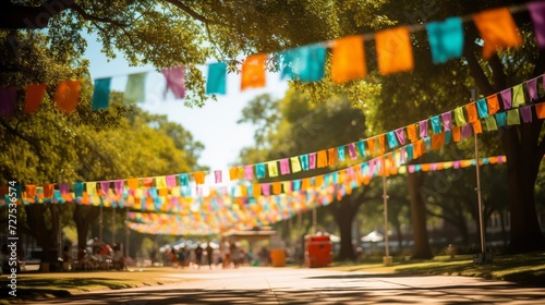 Vibrant festival decorations with colorful flags