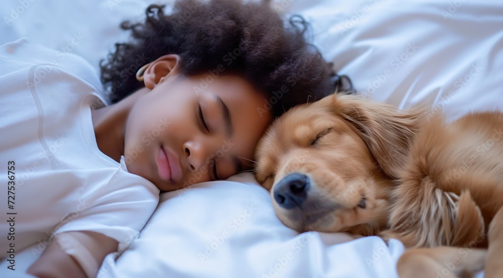A child and his adorable dog sleep peacefully in a comfortable and cozy bed A child and his adorable dog sleep peacefully in a comfortable and cozy bed