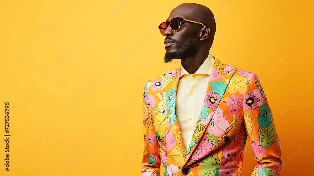 Man wearing colorful suit on colorful background, fashion and style concept with copy space