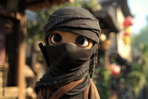 Adorable chibi kawaii ninja with mask and cloak so only eyes showing photo