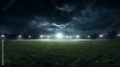 Nighttime football field basking in the glow of high beam lights