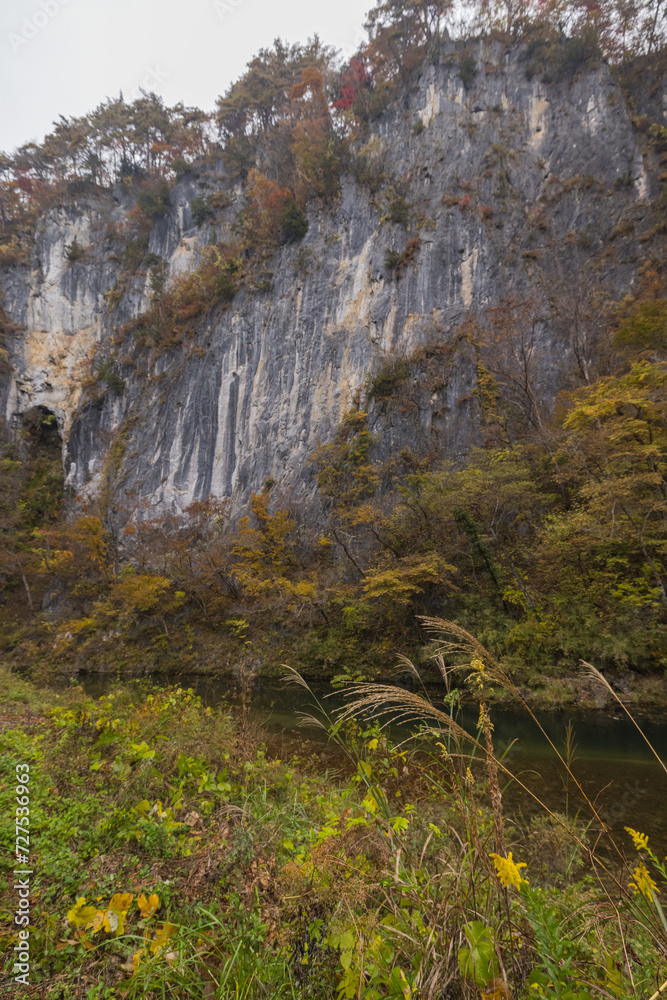 日本　岩手県一関市を流れる砂鉄川沿いの渓谷、猊鼻渓の石灰岩の岩壁と紅葉