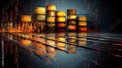 Gritty urban oil barrel on wet concrete, overlaid with vibrant stock market data photo