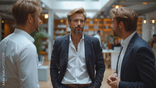 Three businessman are standing and talking in the office