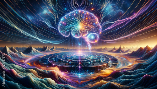 Psychedelic Neural Network: Vibrant landscape of interconnected neurons and flowing waves of psychic energy.