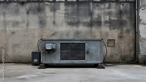 Heavy-duty electricity generator stationed next to a concrete wall