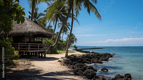Serene beachfront with a quaint hut amidst swaying coconut palms