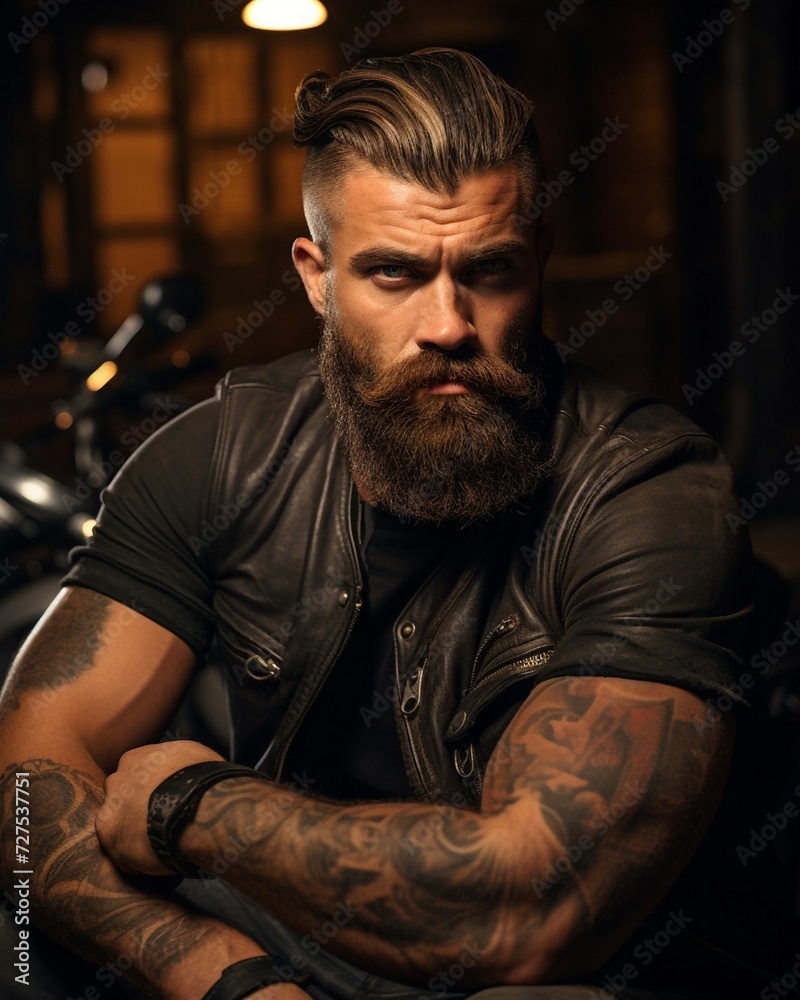 Fototapeta premium Sexy bearded and tattooed biker