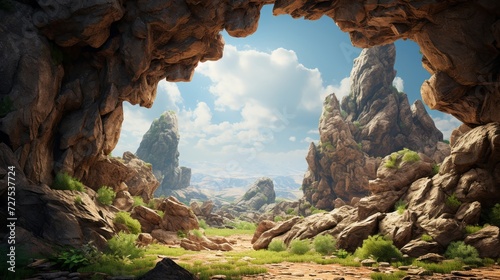 Ancient cavern opening framed by rough boulders, under a serene sky
