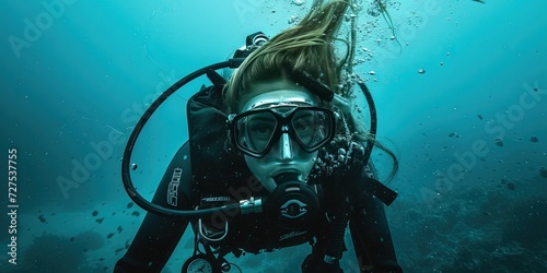 Woman scuba diver underwater with mask and oxygen tank exploring the ocean depths photo