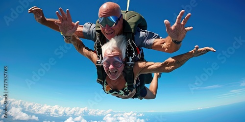 Elderly mature couple (man and woman) skydiving in the air